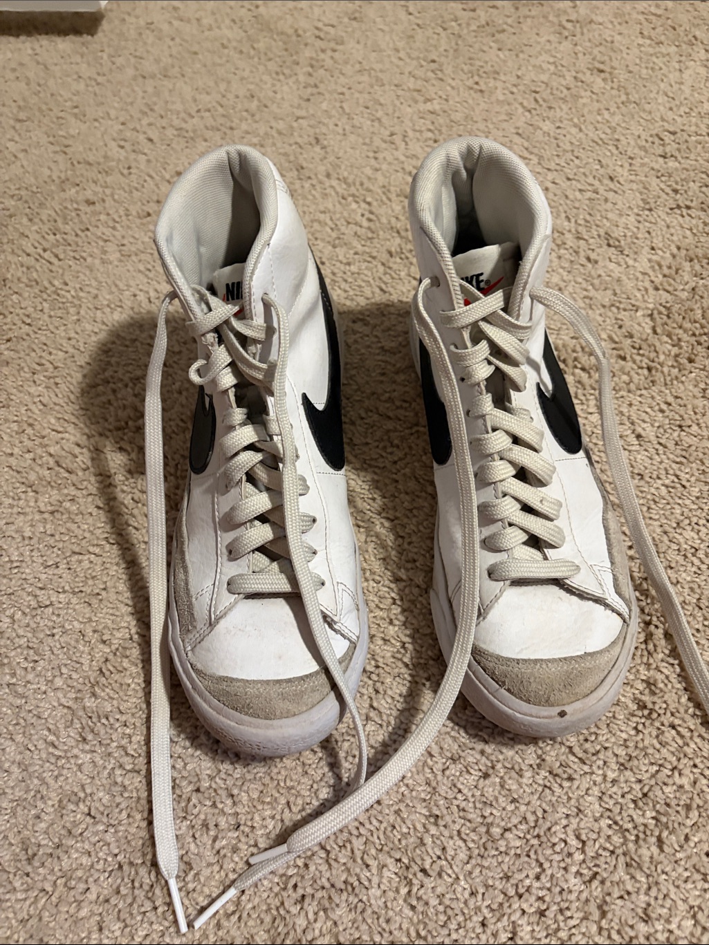 Nike White High-Top Sneakers With Black Swoosh And Tan Suede Toe